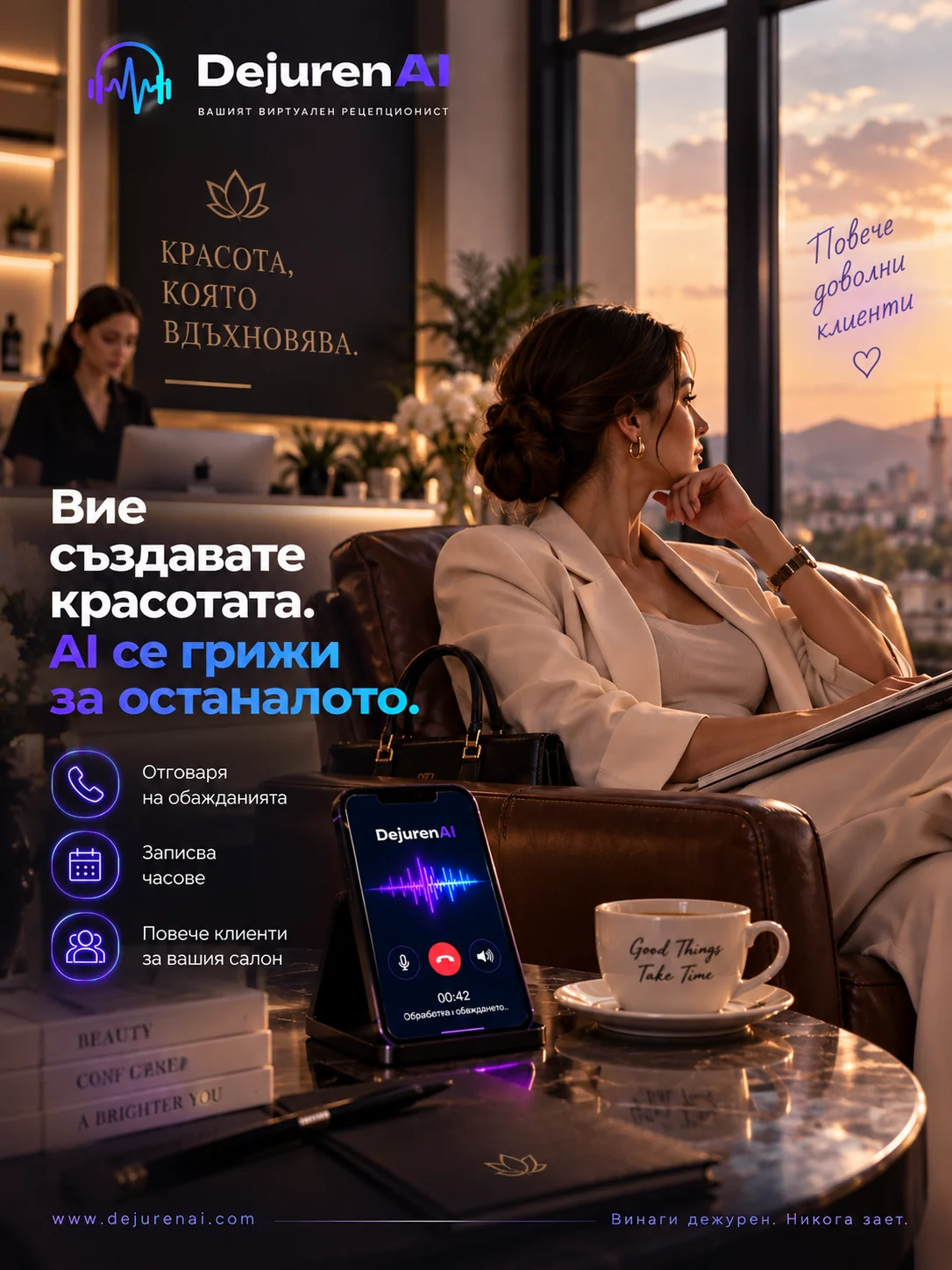 Елегантна клиентка в луксозен козметичен салон — DejurenAI поема разговора