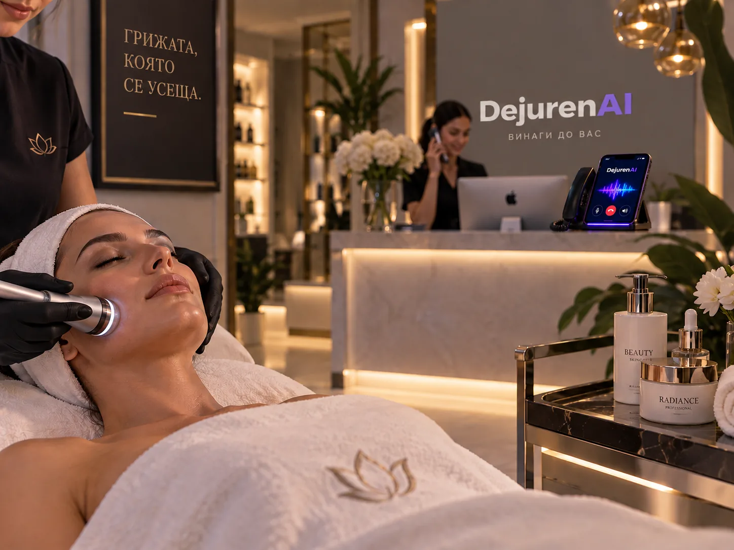 Модерна spa стая с масажна маса и естествен елегантен интериор