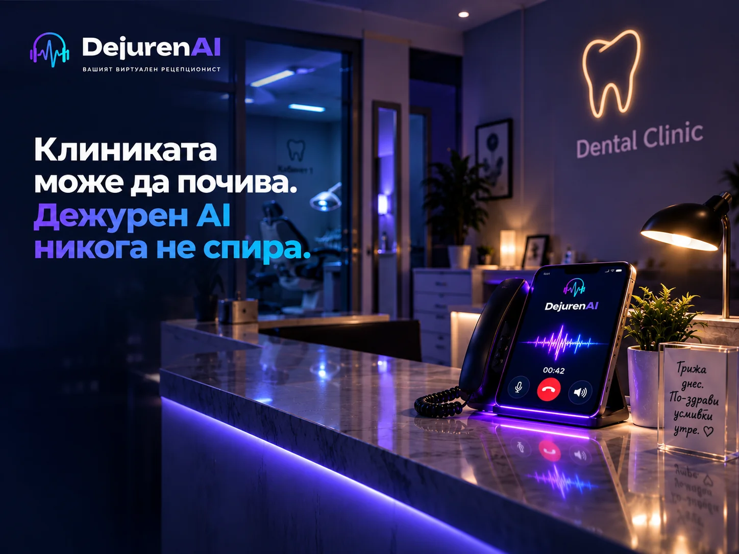 Дентална клиника след работно време — AI рецепционист винаги готов