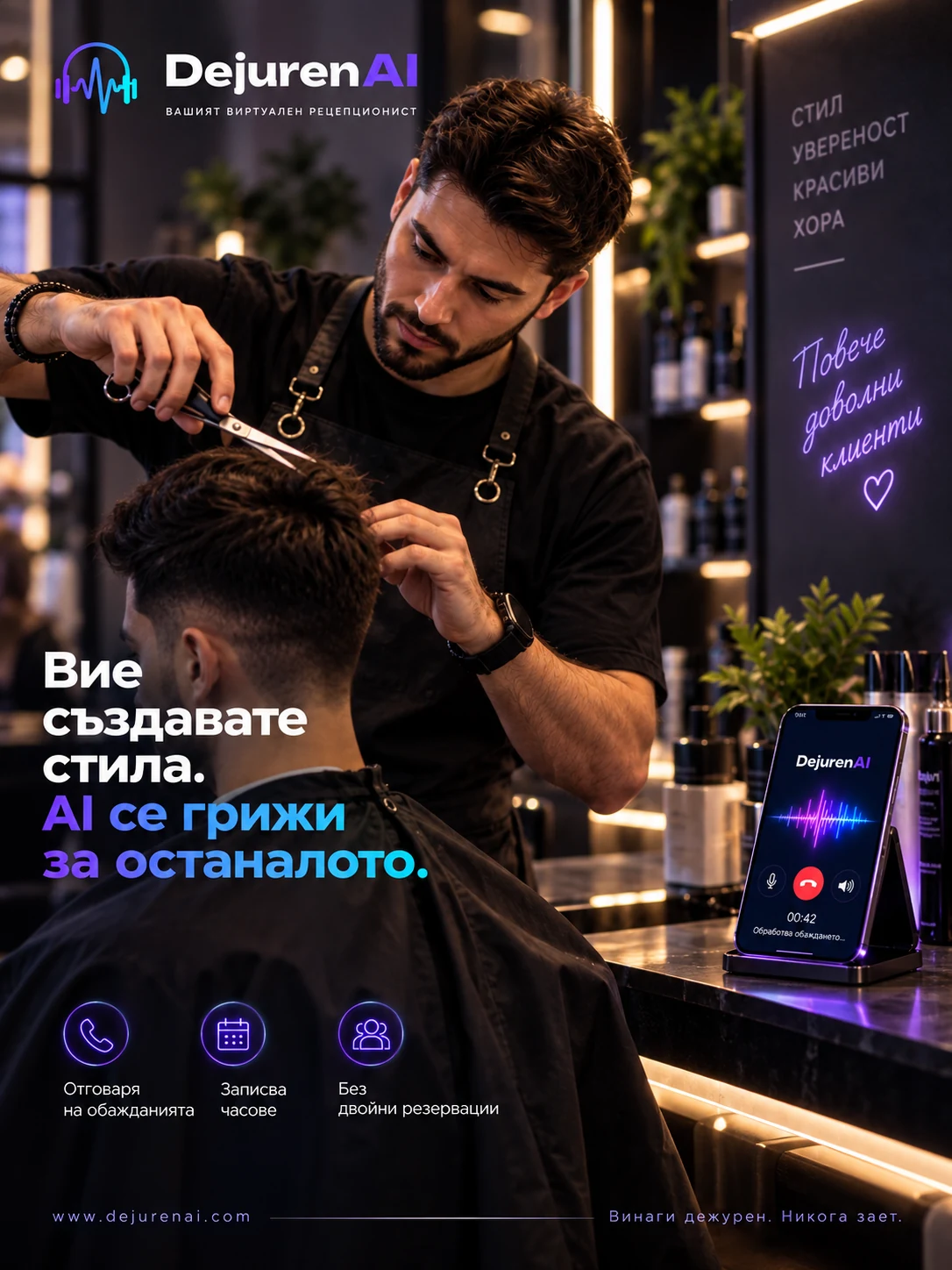 Мъж бръснар при подстрижка — DejurenAI отговаря на обажданията
