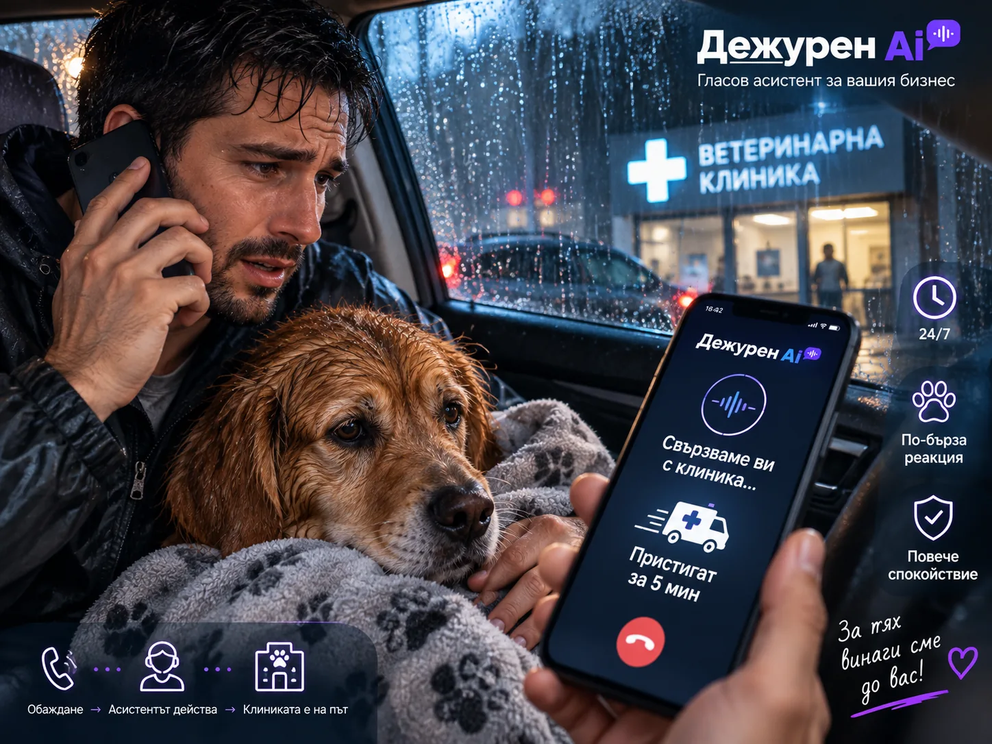 Собственик със спешен случай — DejurenAI свързва с най-близката клиника